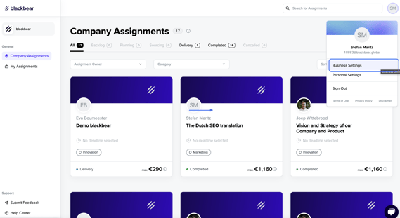 Business settings navigation